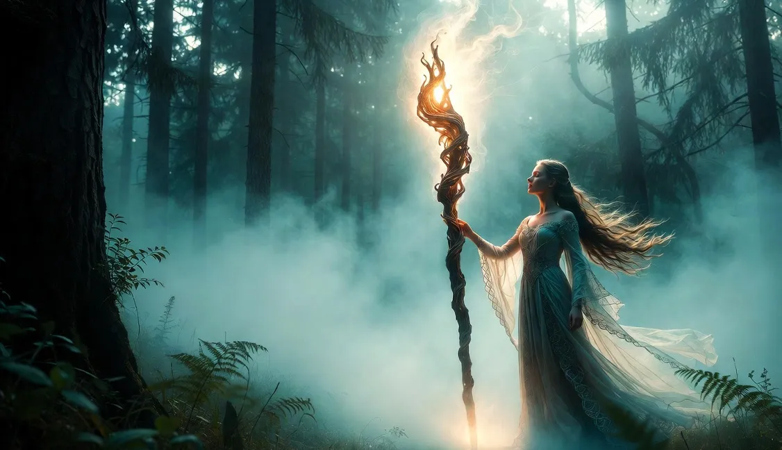 Woman wielding a fire staff
