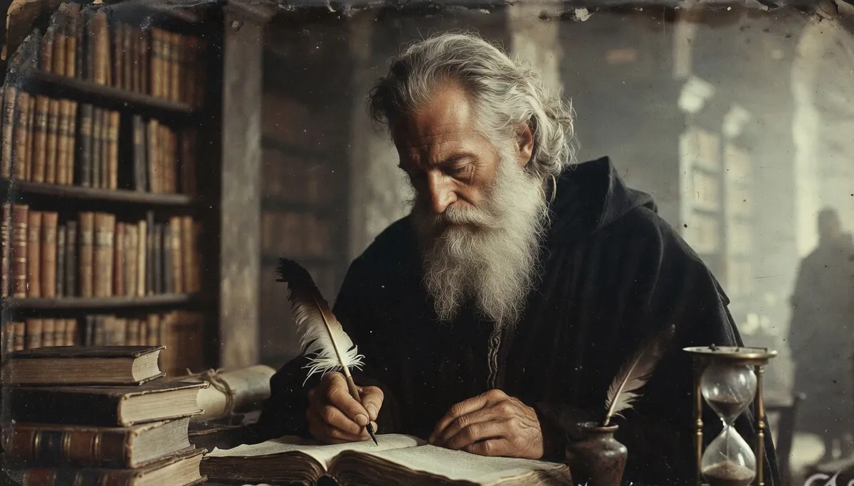 A scholar writing with a quill pen